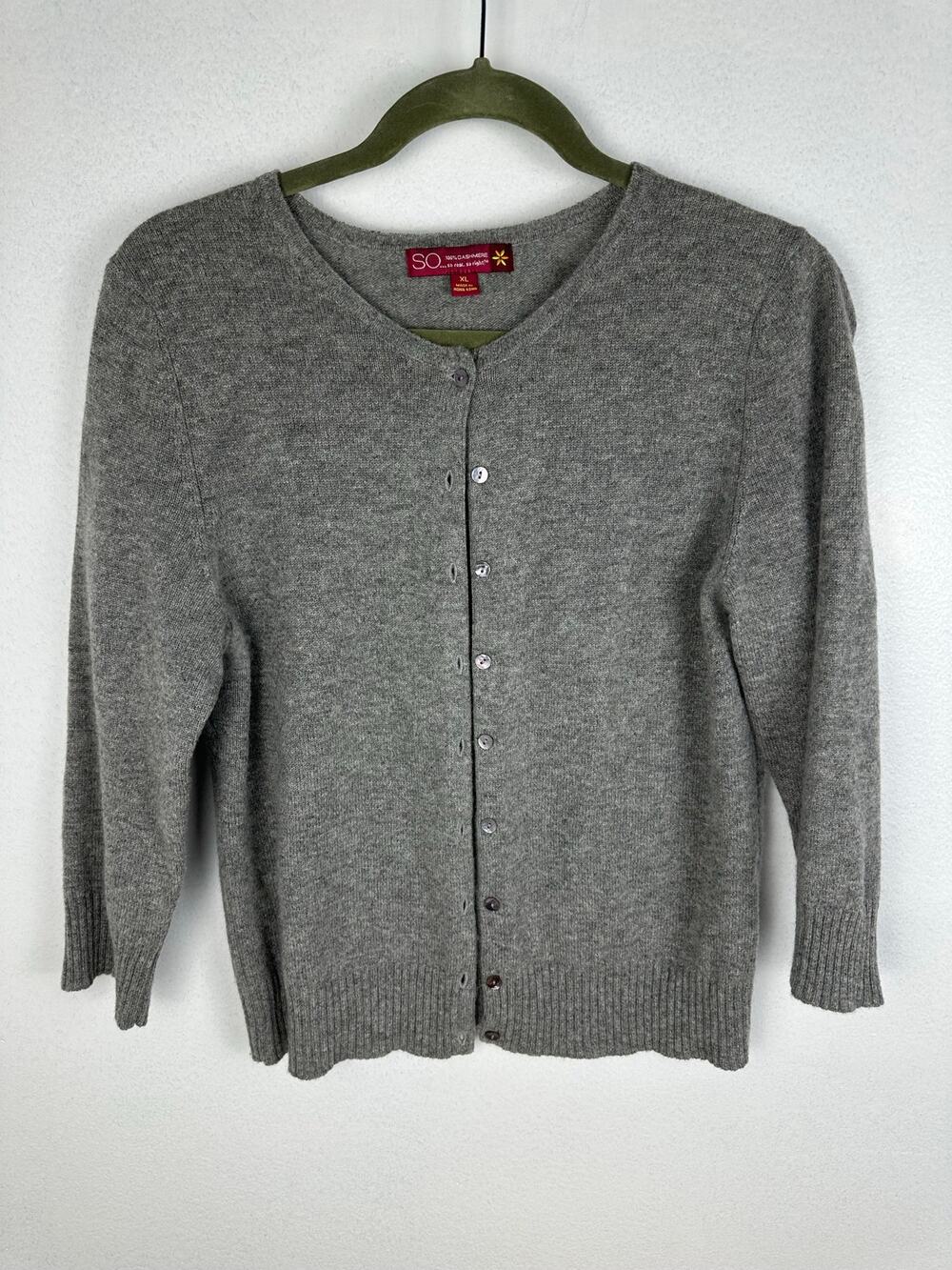SO... 100% Cashmere Crewneck Women's Cardigan heather grey button-up XL